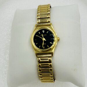 Milan Diamond Quartz Vintage Ladies Watch Gold Stretch Band Black Face